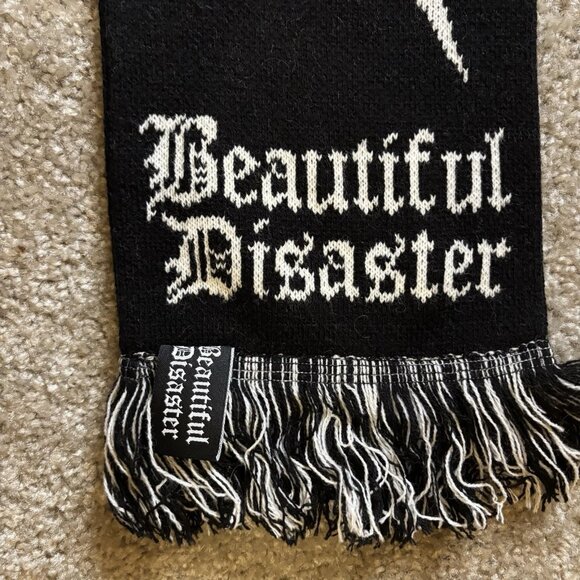 Beautiful Disaster Skull Bow Design and Lightning Black Knit Scarf with Fringe - Picture 5 of 7